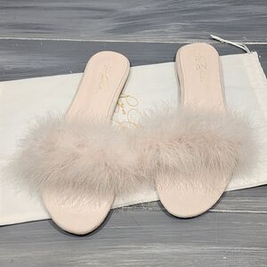 Rya Collection Feather Trimmed Slippers Champagne Pink‎ XL